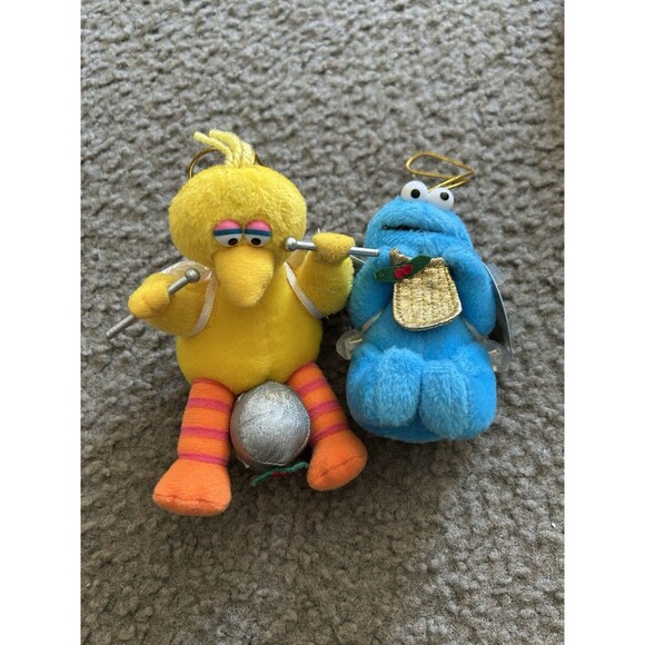 Vintage 1998 Sesame Street Cookie Monster & Big Bird Plush Ornament Angel Wings - Picture 1 of 8